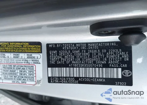 2005 Toyota Camry Le из США, поврежденный, VIN 4T1BE32KX5U070496